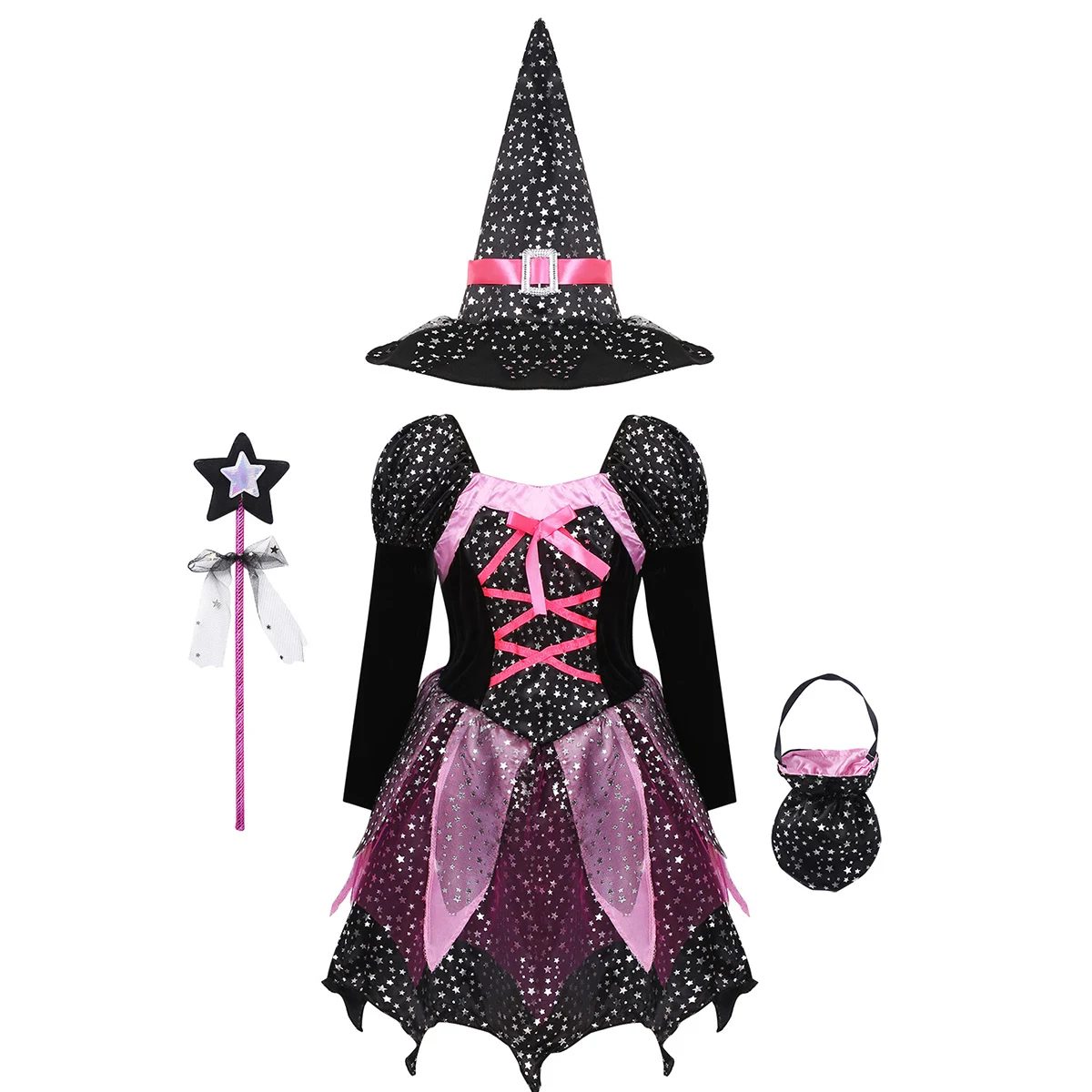 Disfraz de bruja para niña: vestido, sombrero, varita y bolso