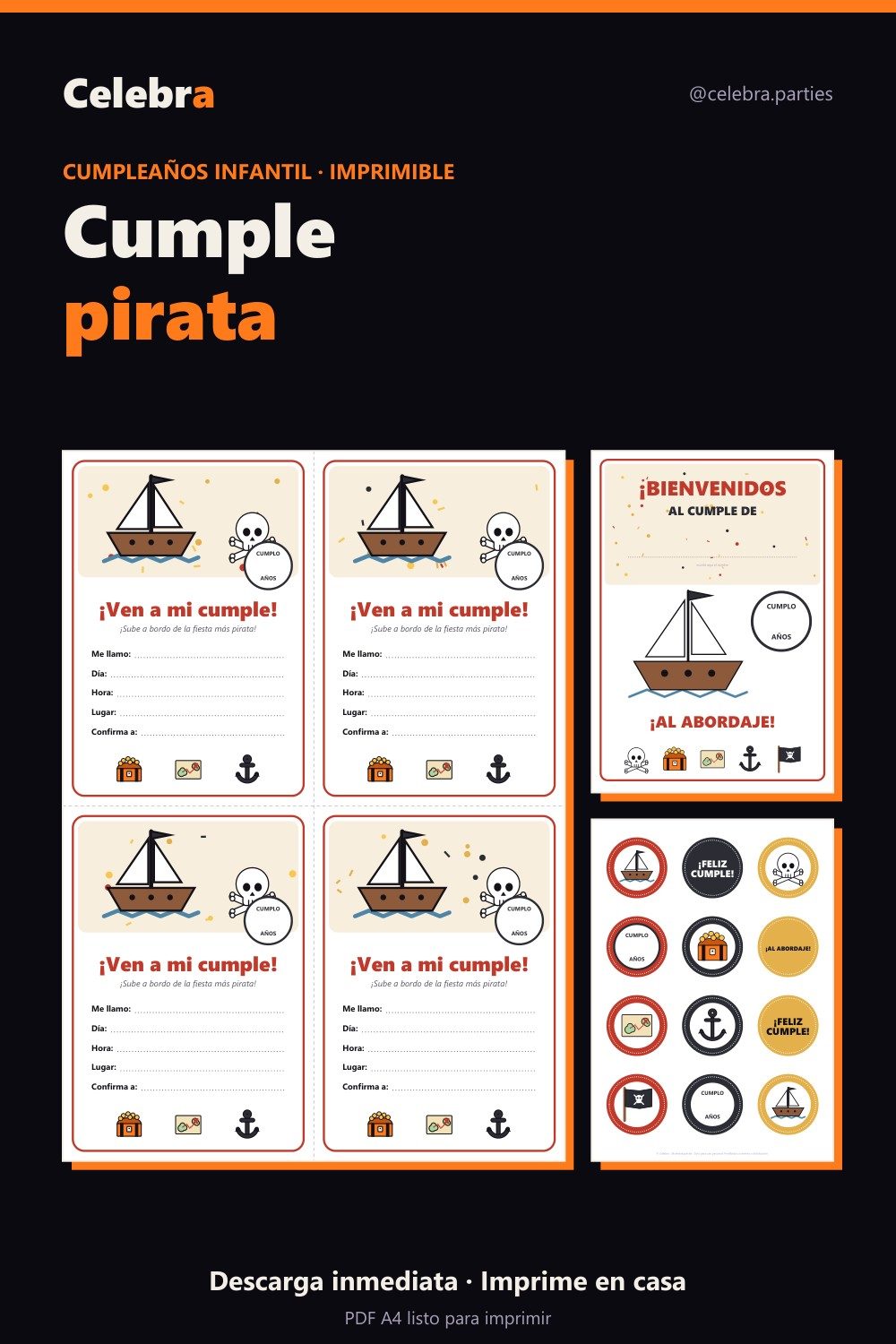 Pack de cumpleaños de piratas para imprimir
