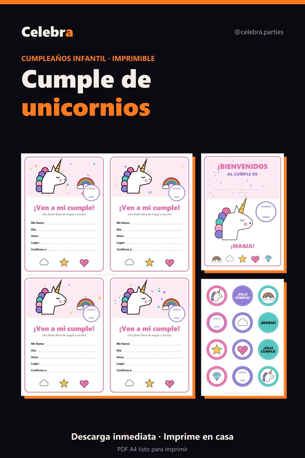 Pack de cumpleaños de unicornios para imprimir