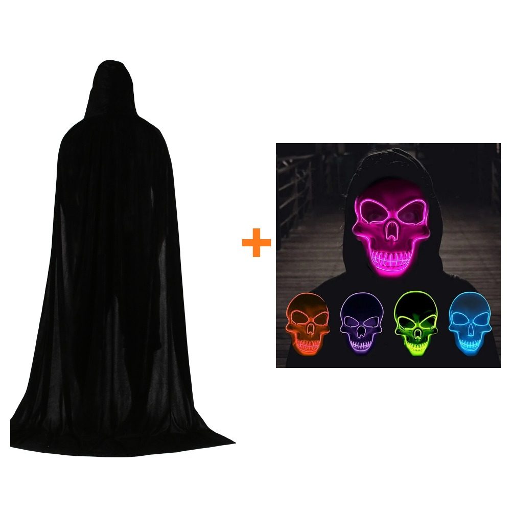 Pack parca: capa negra con capucha + máscara de calavera LED